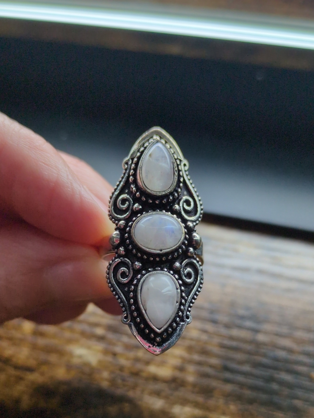 Silver Moonstone Triple-Stone Statement Ring - White Moonstone